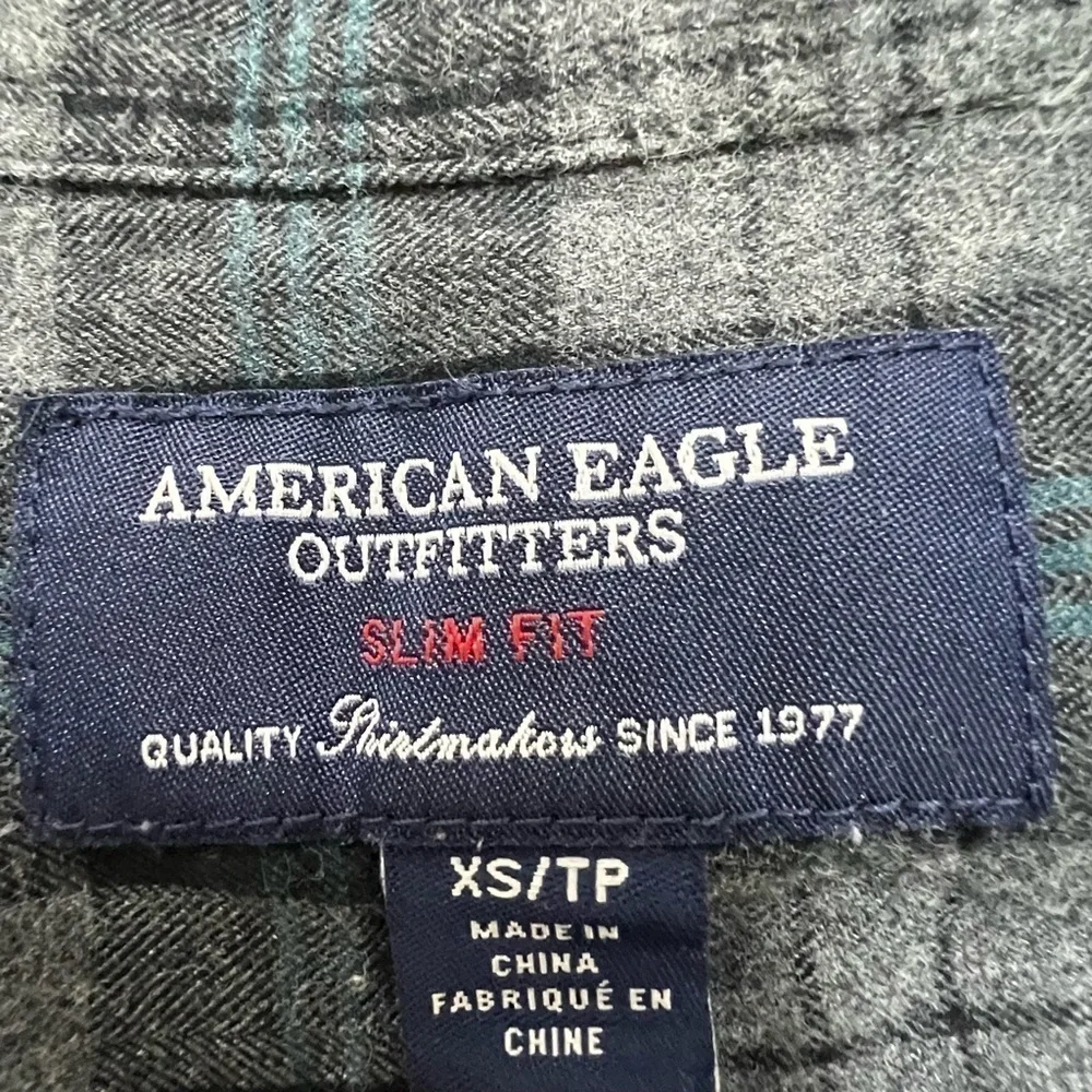 American Eagle Black Teal Plaid Flannel Shirt Extra Small